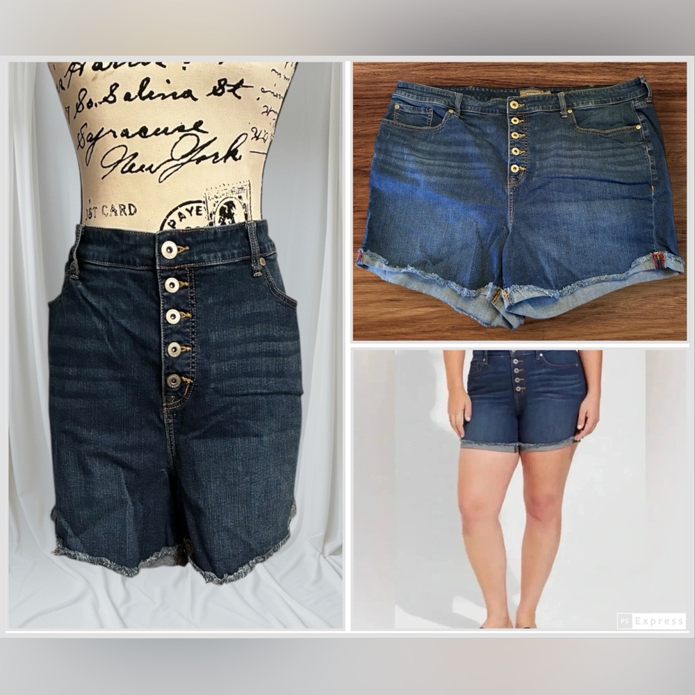 Torrid 5” High Rise Vintage Stretch All That Jean Shorts Button Fly Dark Wash 24